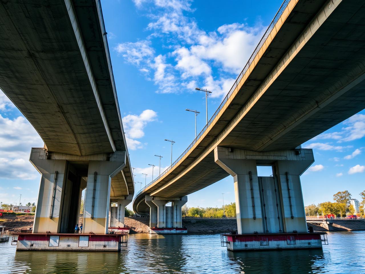 Concrete bridge and access road works supporting site circulation.